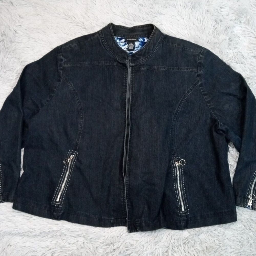 Liz‎ & Me Jacket Womens 3X Blue Denim Pockets Casual Open Front Comfort Floral
